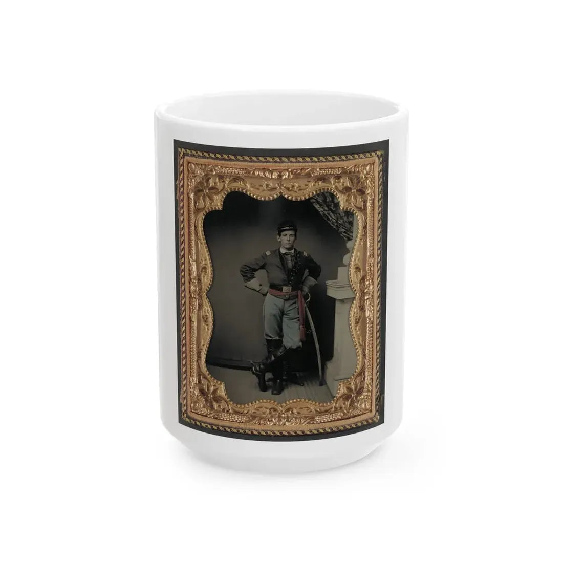 Unidentified Soldier In First Lieutenant's Uniform, Red Sash, Leather Gauntlets, And Spurs With Cavalry Sword (U.S. Civil War) White Coffee Mug 15oz - Go Mug Yourself
