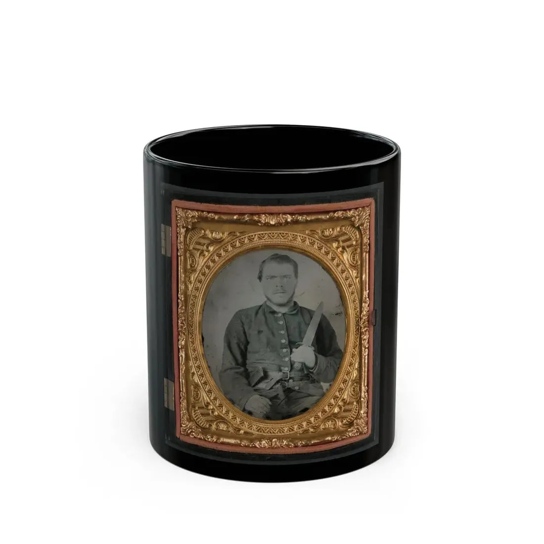 Unidentified Soldier In Georgia Confederate Uniform And Double Roller Belt With Bowie Knife (U.S. Civil War) Black Coffee Mug 11oz - Go Mug Yourself