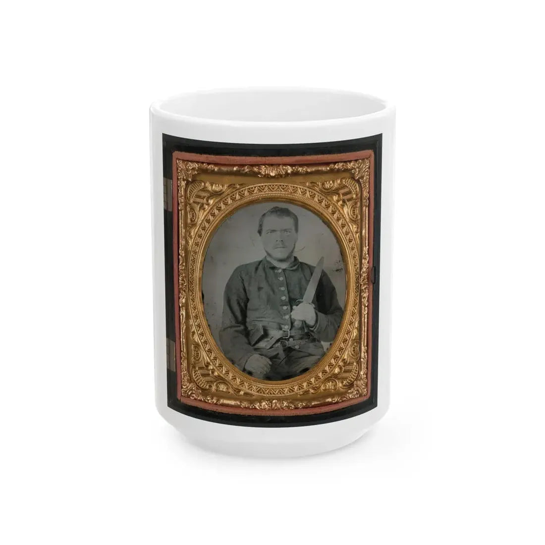 Unidentified Soldier In Georgia Confederate Uniform And Double Roller Belt With Bowie Knife (U.S. Civil War) White Coffee Mug 15oz - Go Mug Yourself