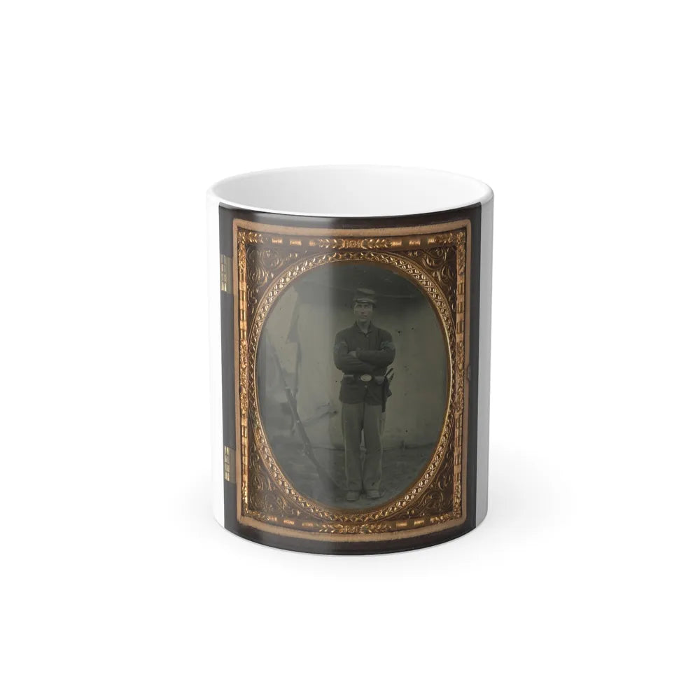 Unidentified Soldier in Infantry Sergeant Uniform With Holster and Musket in Front of Tent (U.S. Civil War) Color Changing Coffee Mug 11oz-11oz-Go Mug Yourself