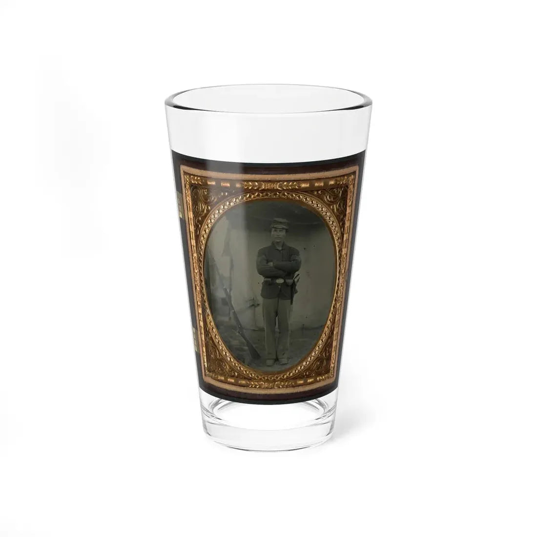 Unidentified Soldier In Infantry Sergeant Uniform With Holster And Musket In Front Of Tent (U.S. Civil War) Pint Glass 16oz 16oz - Go Mug Yourself