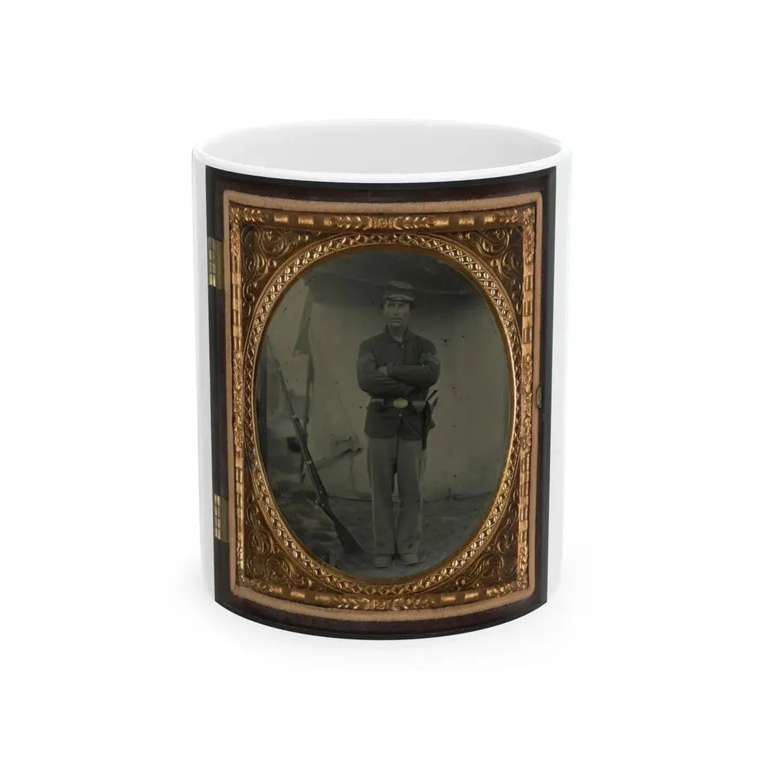 Unidentified Soldier In Infantry Sergeant Uniform With Holster And Musket In Front Of Tent (U.S. Civil War) White Coffee Mug 11oz - Go Mug Yourself
