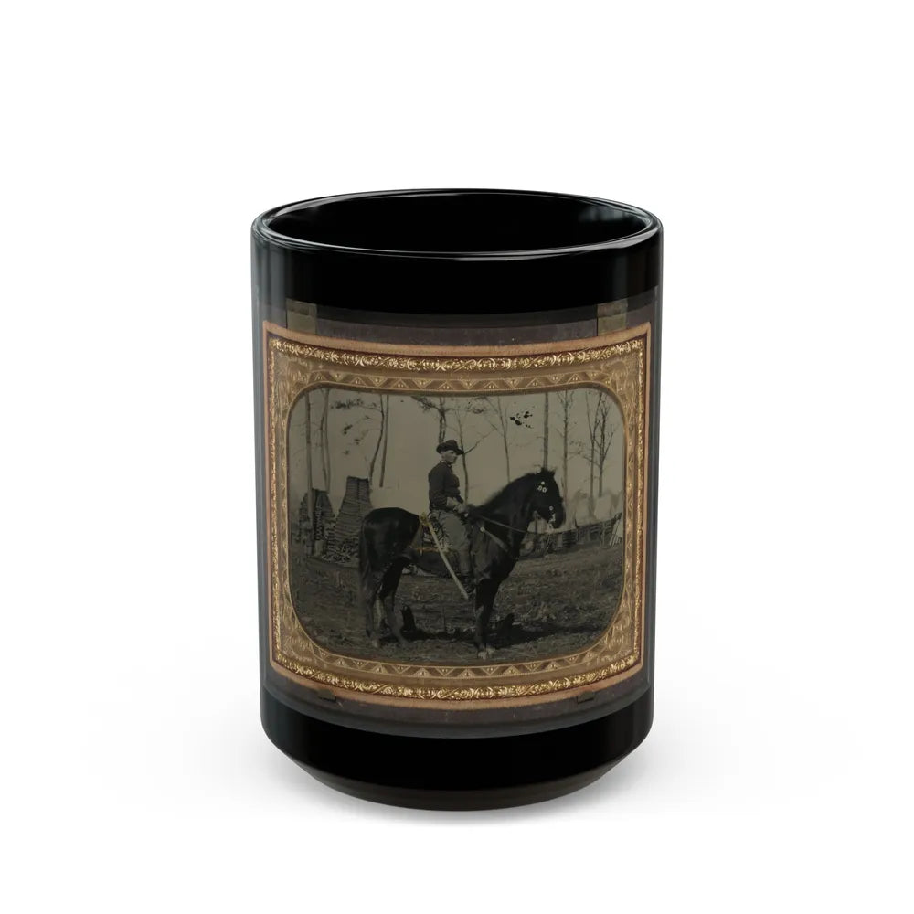 Unidentified Soldier In Union Cavalry Uniform, On Horse, With Cavalry Saber, In Front Of Encampment With Winter Chimneys (U.S. Civil War) Black Coffee Mug-15oz-Go Mug Yourself