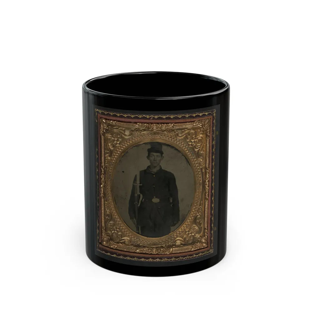 Unidentified Soldier In Union Sack Coat And Forage Cap With Cap Box, Musket, And Attached U.S. Model 1862 Zouave Sword Bayonet (U.S. Civil War) Black Coffee Mug-11oz-Go Mug Yourself
