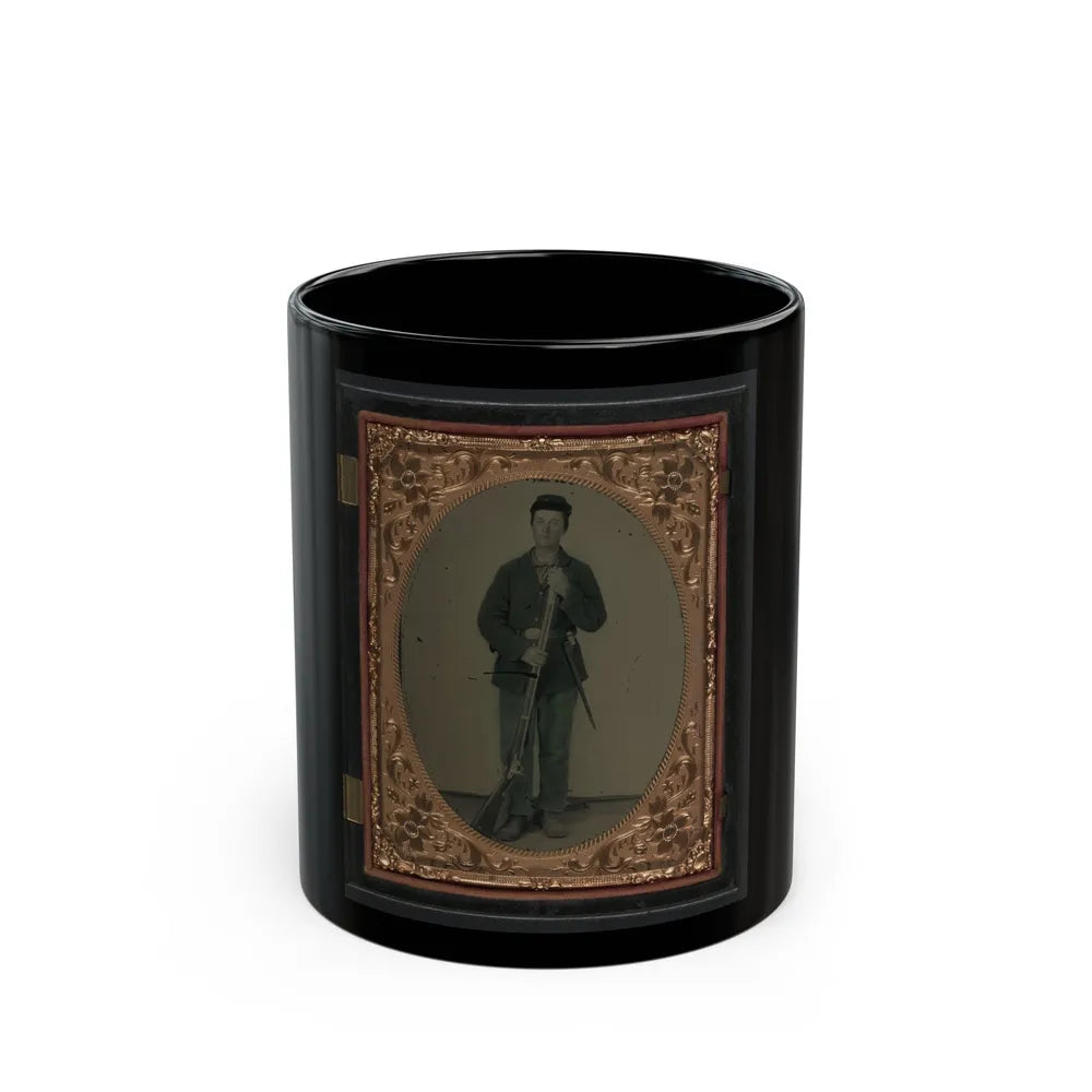 Unidentified Soldier In Union Sack Coat And Forage Hat With Cartridge Pouch, Bayonet Scabbard, And Musket (U.S. Civil War) Black Coffee Mug-11oz-Go Mug Yourself