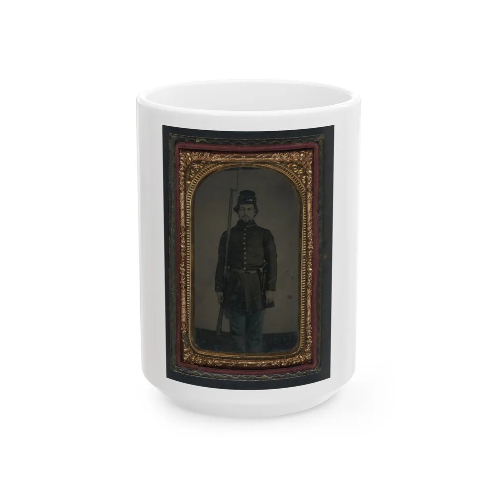 Unidentified Soldier In Union Uniform And Forage Cap With Holstered Revolver And Bayoneted Musket (U.S. Civil War) White Coffee Mug-15oz-Go Mug Yourself
