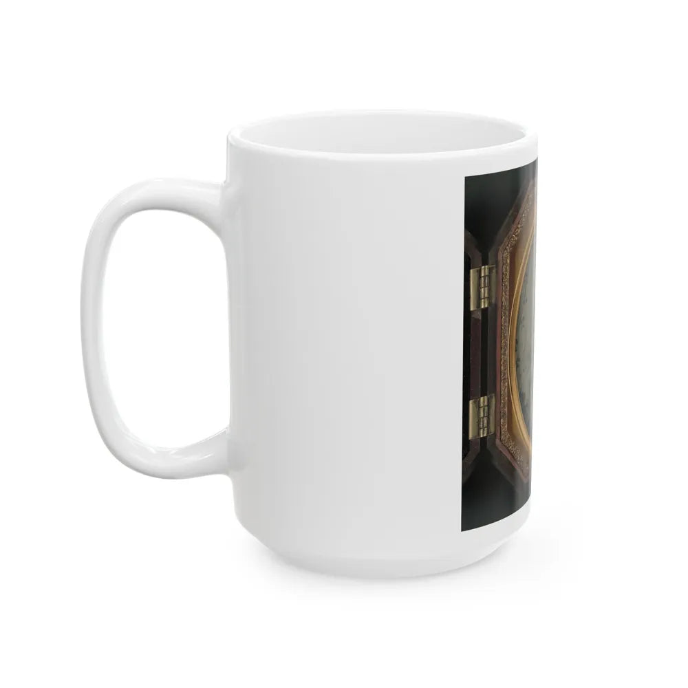 Unidentified Soldier In Union Uniform And Hardee Hat With Rifle In Front Of Painted Backdrop Showing Military Camp (U.S. Civil War) White Coffee Mug-Go Mug Yourself