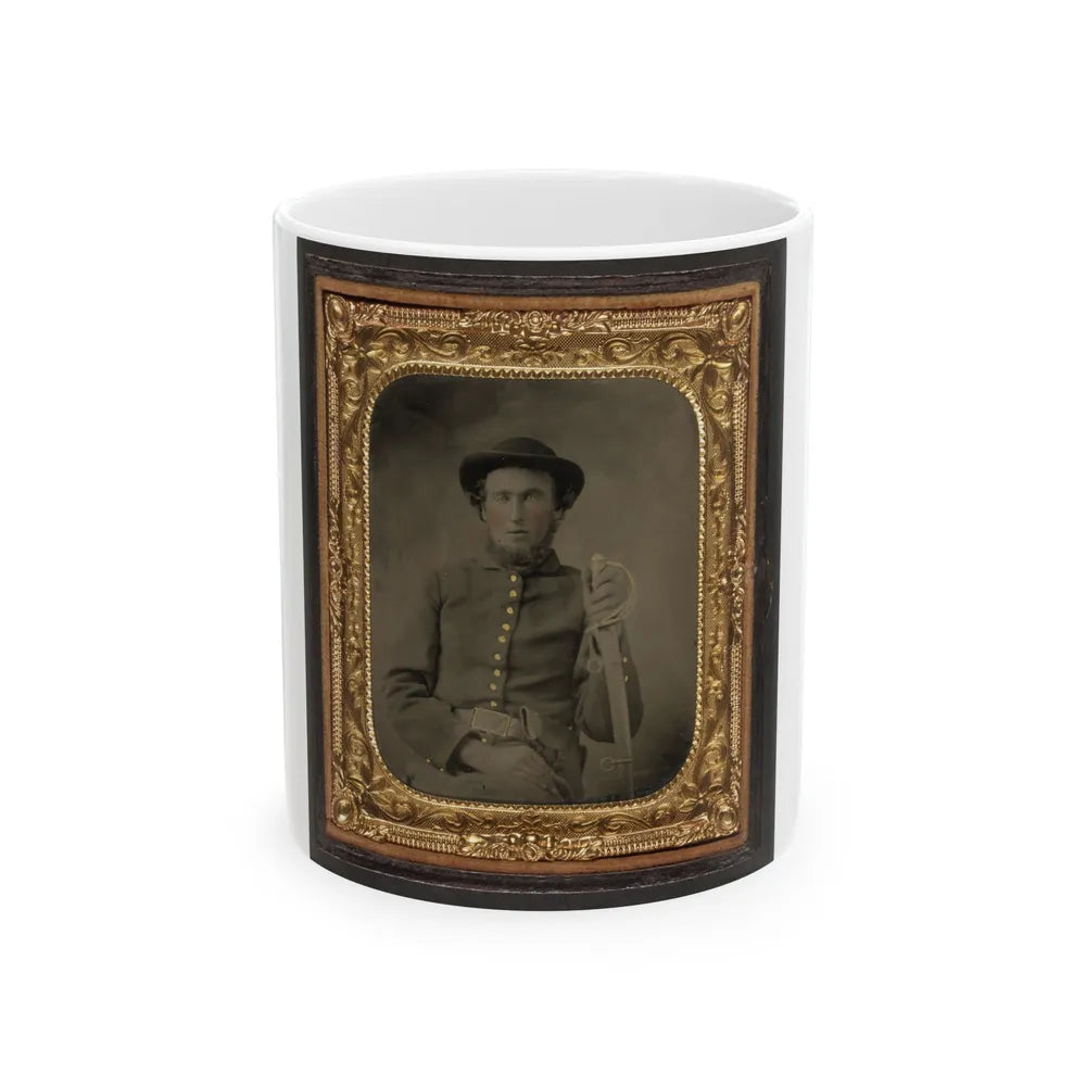 Unidentified Soldier In Union Uniform And Slouch Cap Sitting With Holstered Revolver And Cavalry Saber (U.S. Civil War) White Coffee Mug-11oz-Go Mug Yourself