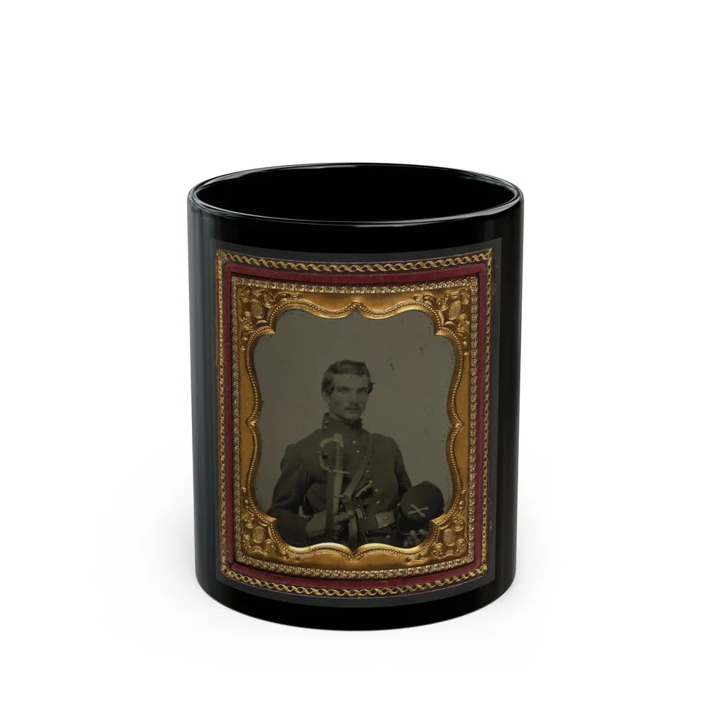 Unidentified Soldier In Union Uniform Holding Kepi With Cavalry Insignia, Cavalry Saber, And Smith And Wesson Revolver (U.S. Civil War) Black Coffee Mug-11oz-Go Mug Yourself