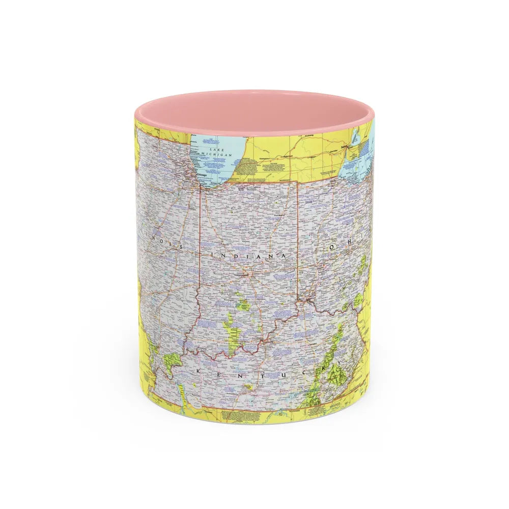 USA - Illinois, Indiana, Ohio, Kentucky 1 (1977) (Map) Accent Coffee Mug 11oz Pink - Go Mug Yourself