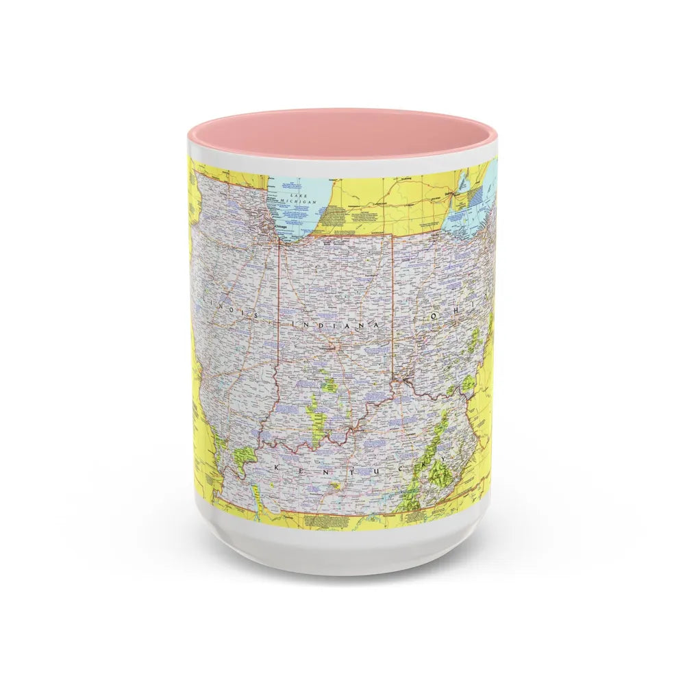 USA - Illinois, Indiana, Ohio, Kentucky 1 (1977) (Map) Accent Coffee Mug 15oz Pink - Go Mug Yourself