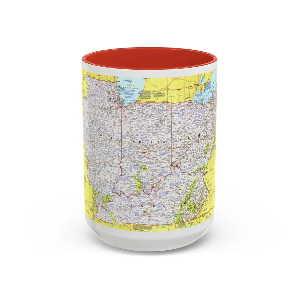 USA - Illinois, Indiana, Ohio, Kentucky 1 (1977) (Map) Accent Coffee Mug 15oz Red - Go Mug Yourself