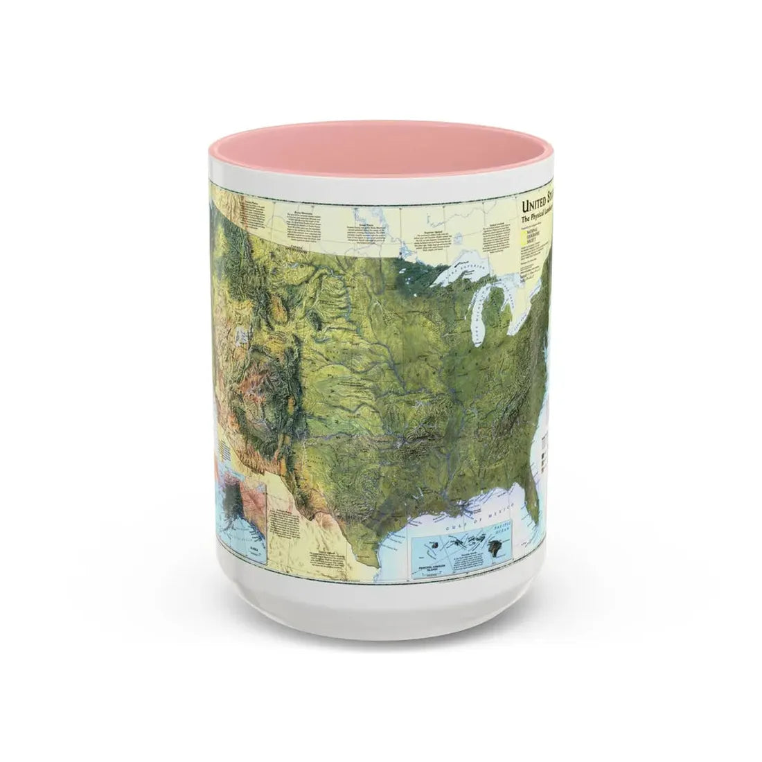 USA - The Physical Landscape (1996) (Map) Accent Coffee Mug 15oz Pink - Go Mug Yourself