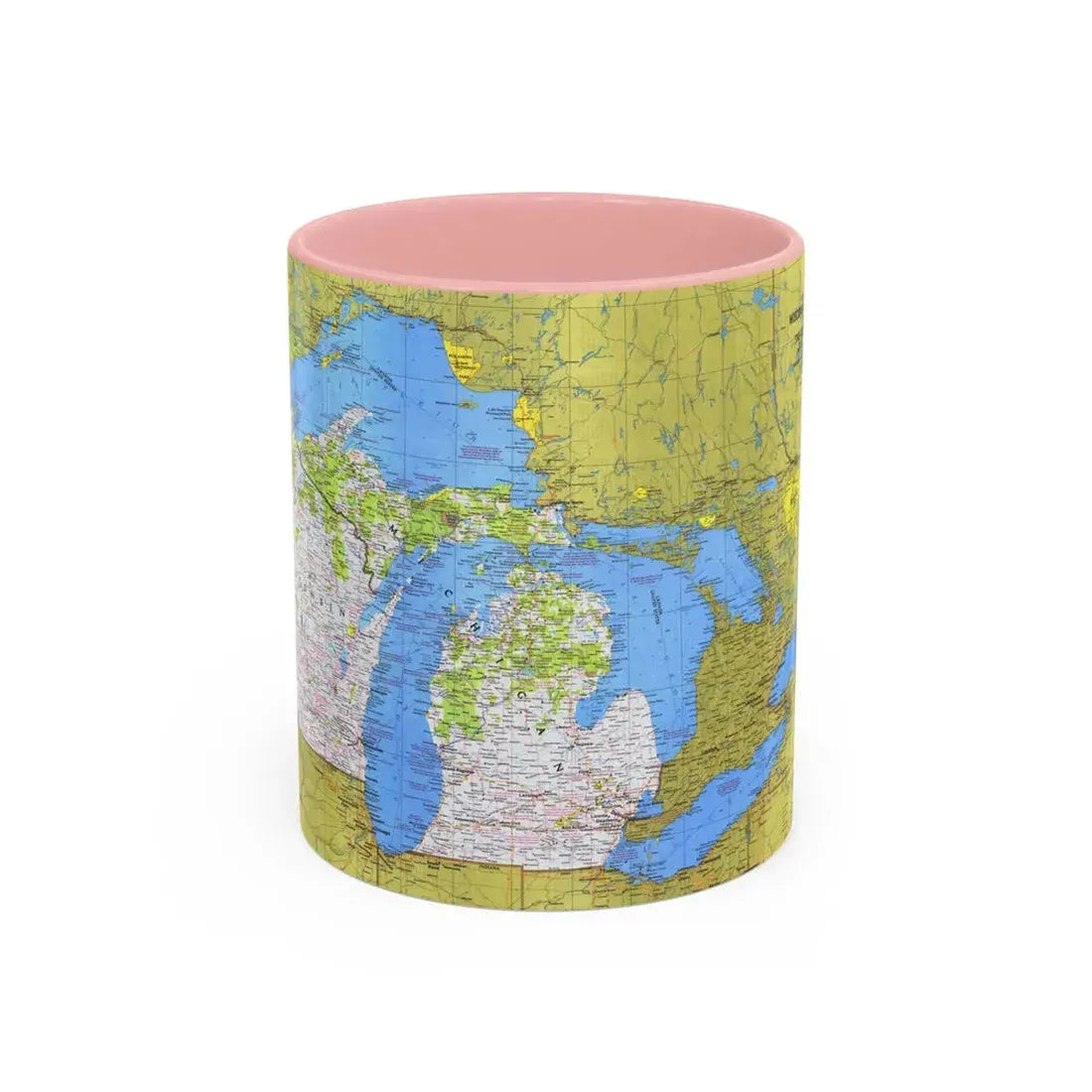 USA - Wisconsin, Michigan ,Great Lakes 1 (1973) (Map) Accent Coffee Mug 11oz Pink - Go Mug Yourself