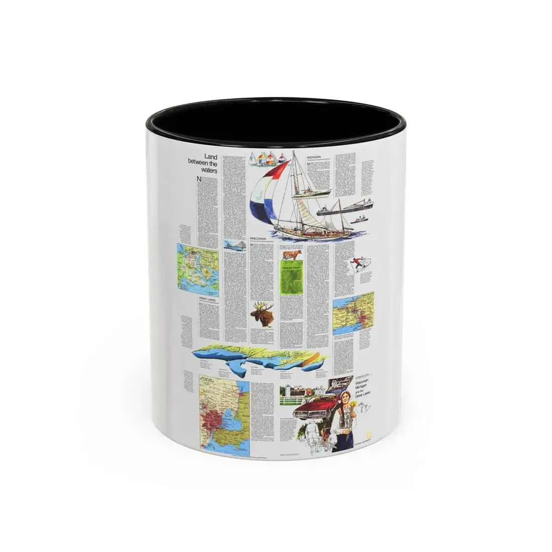 USA - Wisconsin, Michigan ,Great Lakes 2 (1973) (Map) Accent Coffee Mug 11oz Black - Go Mug Yourself