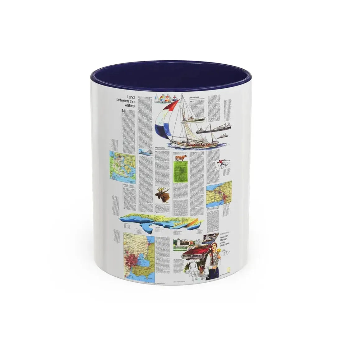 USA - Wisconsin, Michigan ,Great Lakes 2 (1973) (Map) Accent Coffee Mug 11oz Navy - Go Mug Yourself