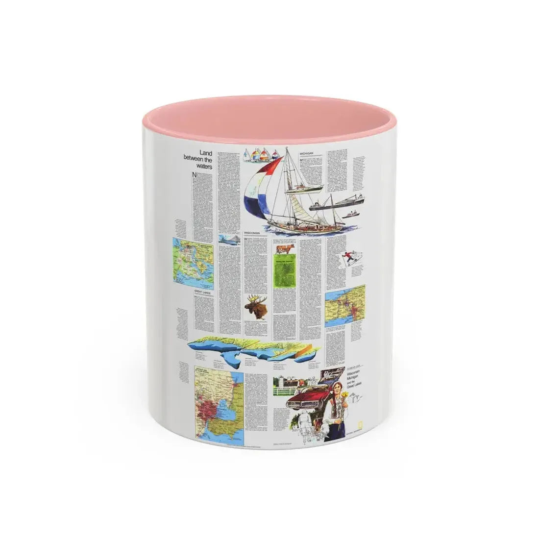 USA - Wisconsin, Michigan ,Great Lakes 2 (1973) (Map) Accent Coffee Mug 11oz Pink - Go Mug Yourself
