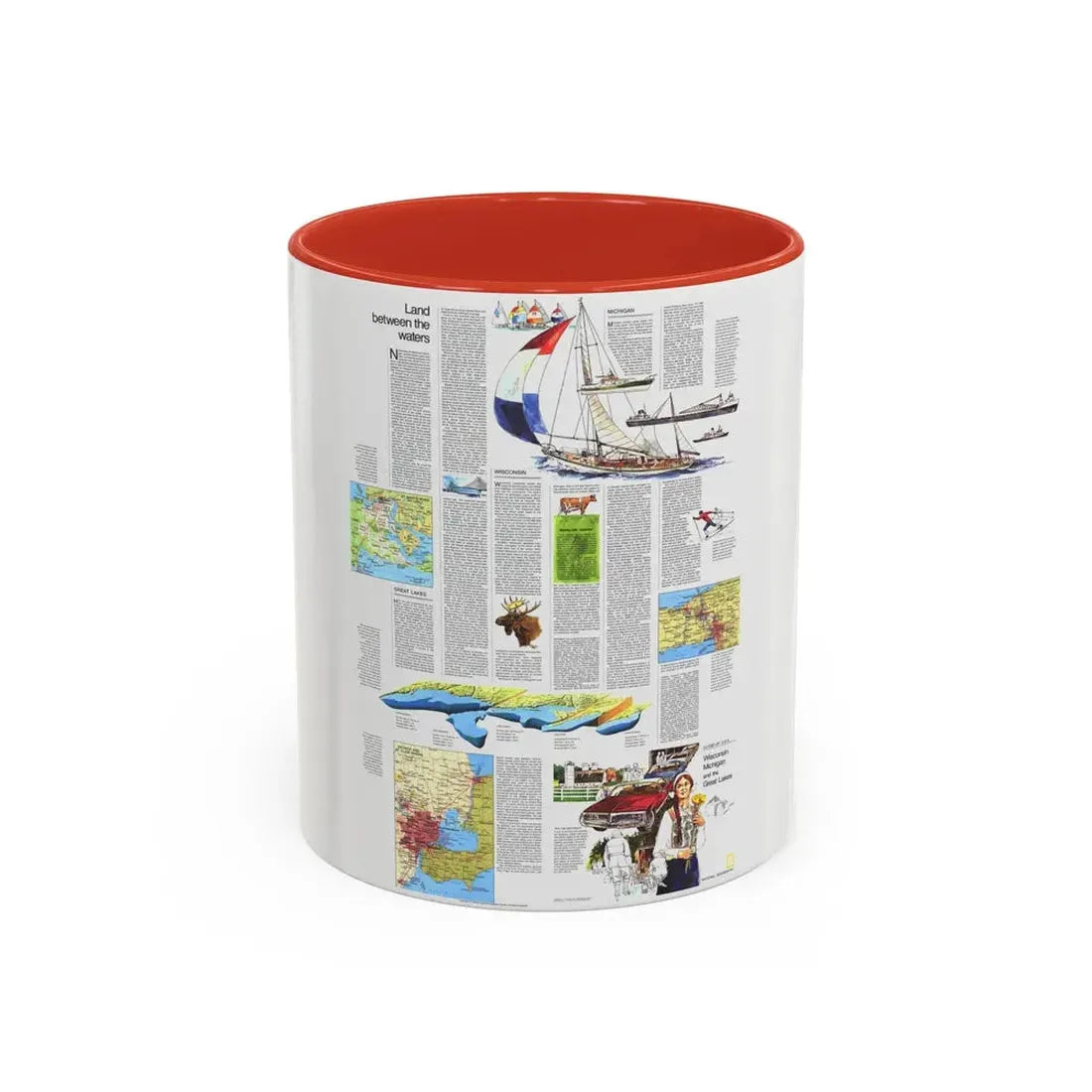 USA - Wisconsin, Michigan ,Great Lakes 2 (1973) (Map) Accent Coffee Mug 11oz Red - Go Mug Yourself
