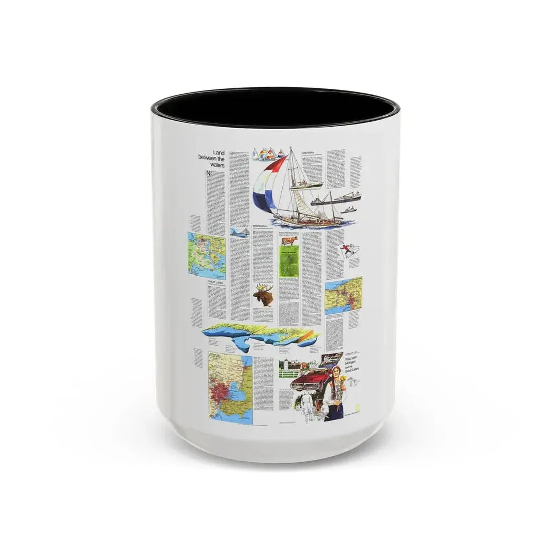 USA - Wisconsin, Michigan ,Great Lakes 2 (1973) (Map) Accent Coffee Mug 15oz Black - Go Mug Yourself