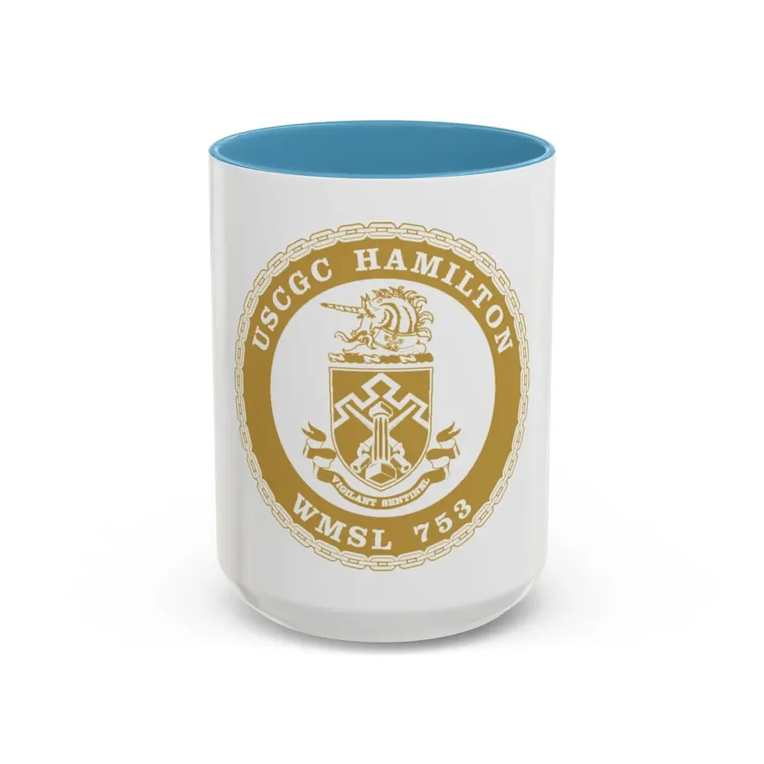 USCGC Hamilton WMSL 753 GOLD (U.S. Coast Guard) Accent Coffee Mug 15oz Light Blue - Go Mug Yourself