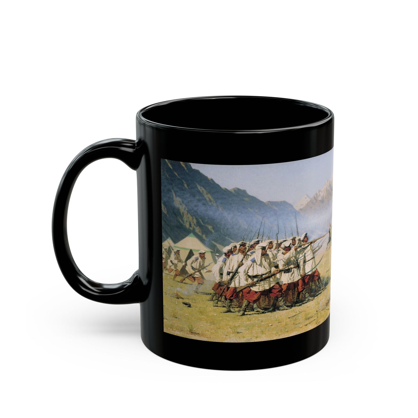 Vasily Vereshchagin (1842-1904) Surprise attack - 1871 - Black Coffee Mug-Go Mug Yourself