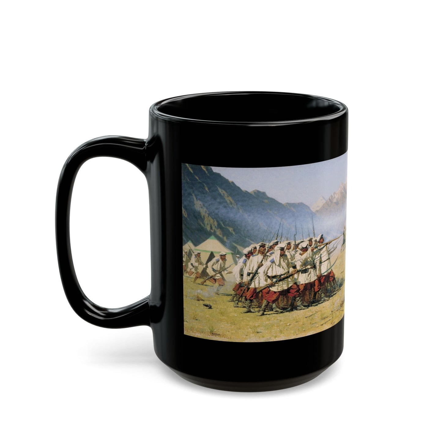 Vasily Vereshchagin (1842-1904) Surprise attack - 1871 - Black Coffee Mug-Go Mug Yourself