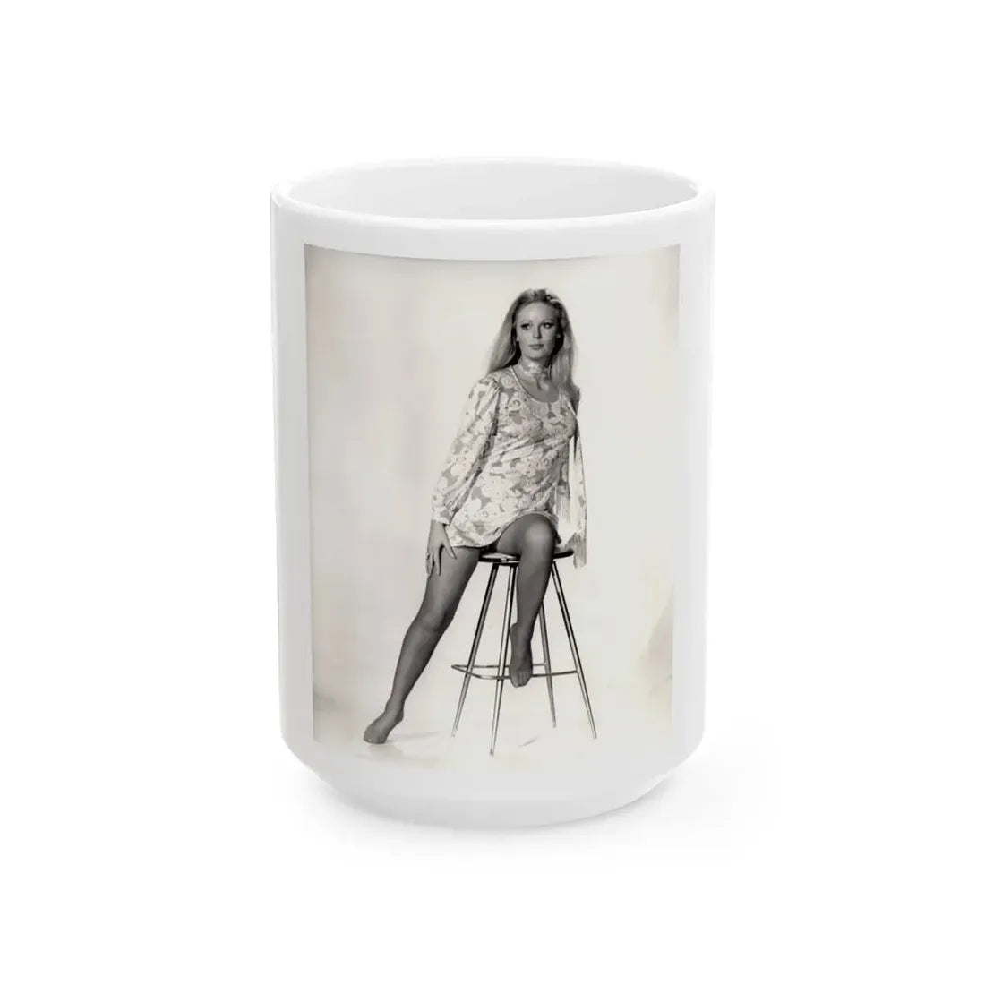Veronica Carlson #09 - 8x10 B&W Glamour Full Body Dress & Stockings Shot #01 (Vintage Female Icon) White Coffee Mug 15oz - Go Mug Yourself