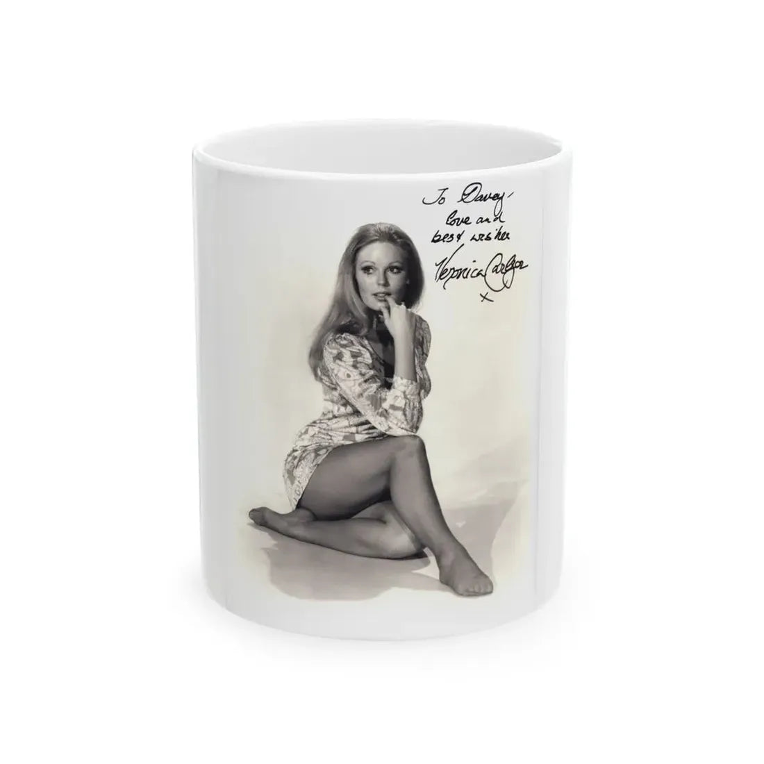 Veronica Carlson #10 - 8x10 B&W Glamour Full Body Dress & Stockings Shot #023 (Vintage Female Icon) White Coffee Mug 11oz - Go Mug Yourself