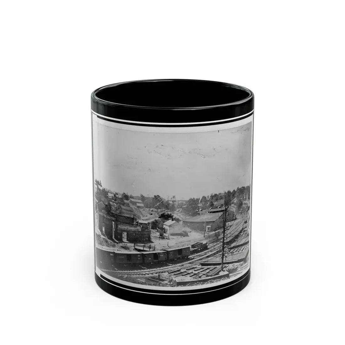 View Of Atlanta, Georgia, With Railroad Cars In Left Foreground (U.S. Civil War) Black Coffee Mug 11oz - Go Mug Yourself