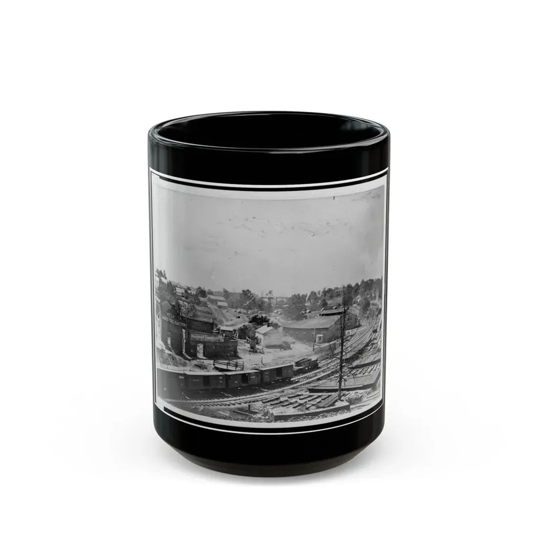 View Of Atlanta, Georgia, With Railroad Cars In Left Foreground (U.S. Civil War) Black Coffee Mug 15oz - Go Mug Yourself
