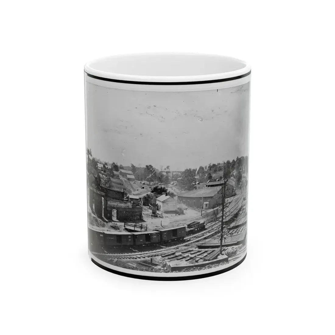 View Of Atlanta, Georgia, With Railroad Cars In Left Foreground (U.S. Civil War) White Coffee Mug 11oz - Go Mug Yourself