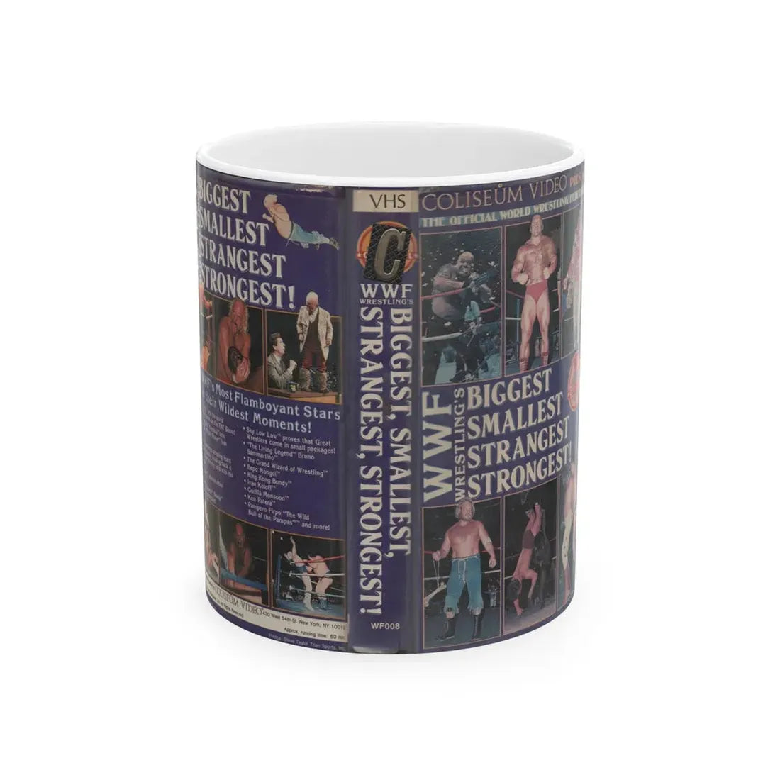 WWF WRESTLINGS BIGGEST SMALLEST STRANGEST STRONGEST (VHS COVER) - White Coffee Mug 11oz - Go Mug Yourself
