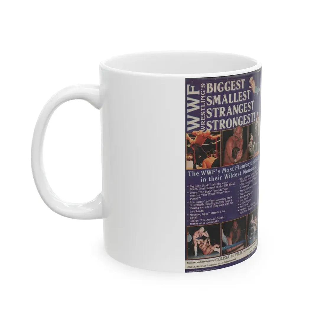 WWF WRESTLINGS BIGGEST SMALLEST STRANGEST STRONGEST (VHS COVER) - White Coffee Mug - Go Mug Yourself