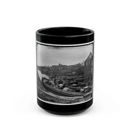 Richmond, Va. Barges With African Americans On The Canal; Ruined Buildings Beyond (U.S. Civil War) Black Coffee Mug-15oz-Go Mug Yourself