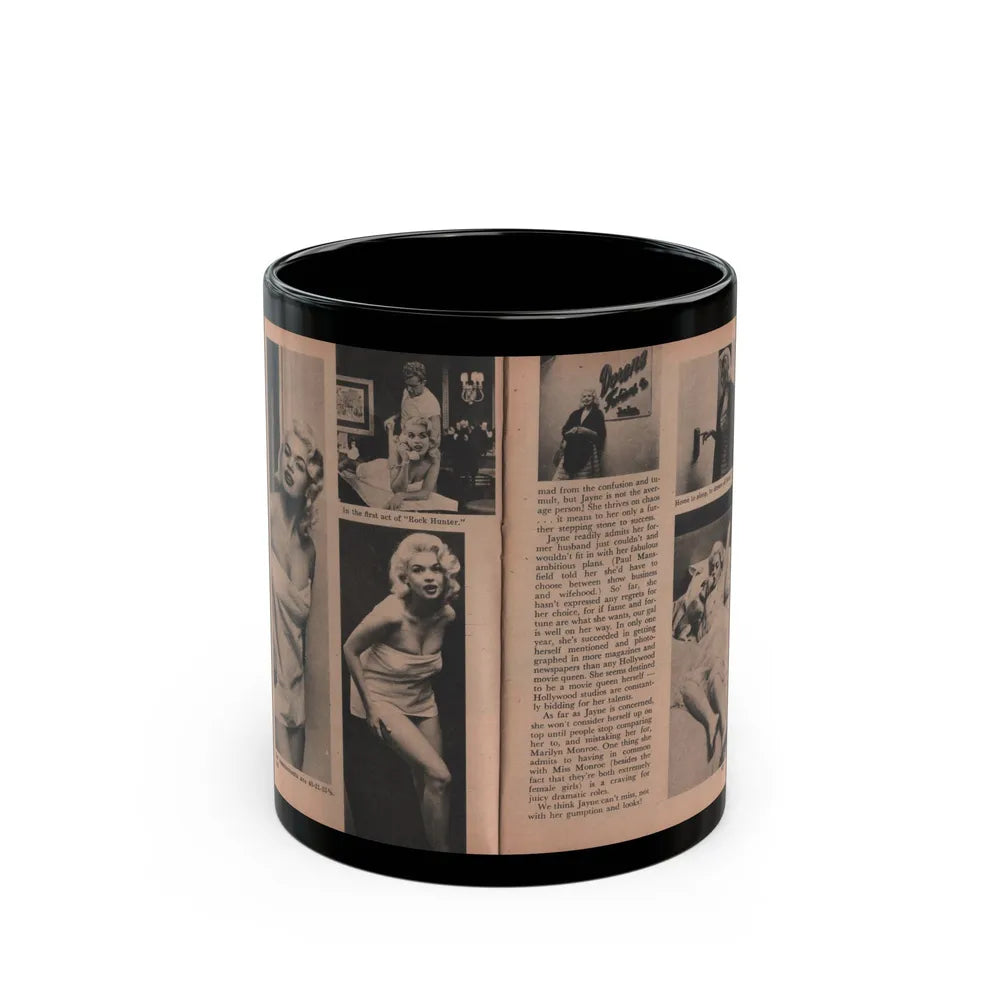 Jayne Mansfield #188 - 2 Pages, 6 B&W Photos, Captions & Article ending from Foto-rama Digest Mag. Dec. '56 (Vintage Female Icon) Black Coffee Mug-11oz-Go Mug Yourself