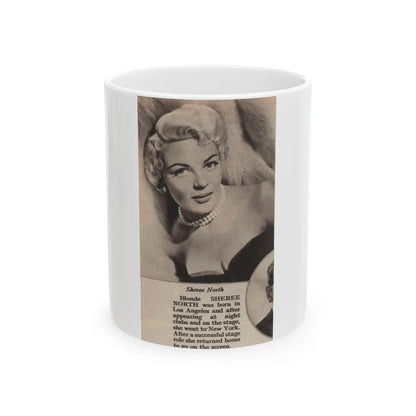 Sheree North #342 - 2.5x4.25 Small B&W Glamour Portriat Clipping with, Caption from 1950's Movie Star Magazine (Vintage Female Icon) White Coffee Mug-11oz-Go Mug Yourself