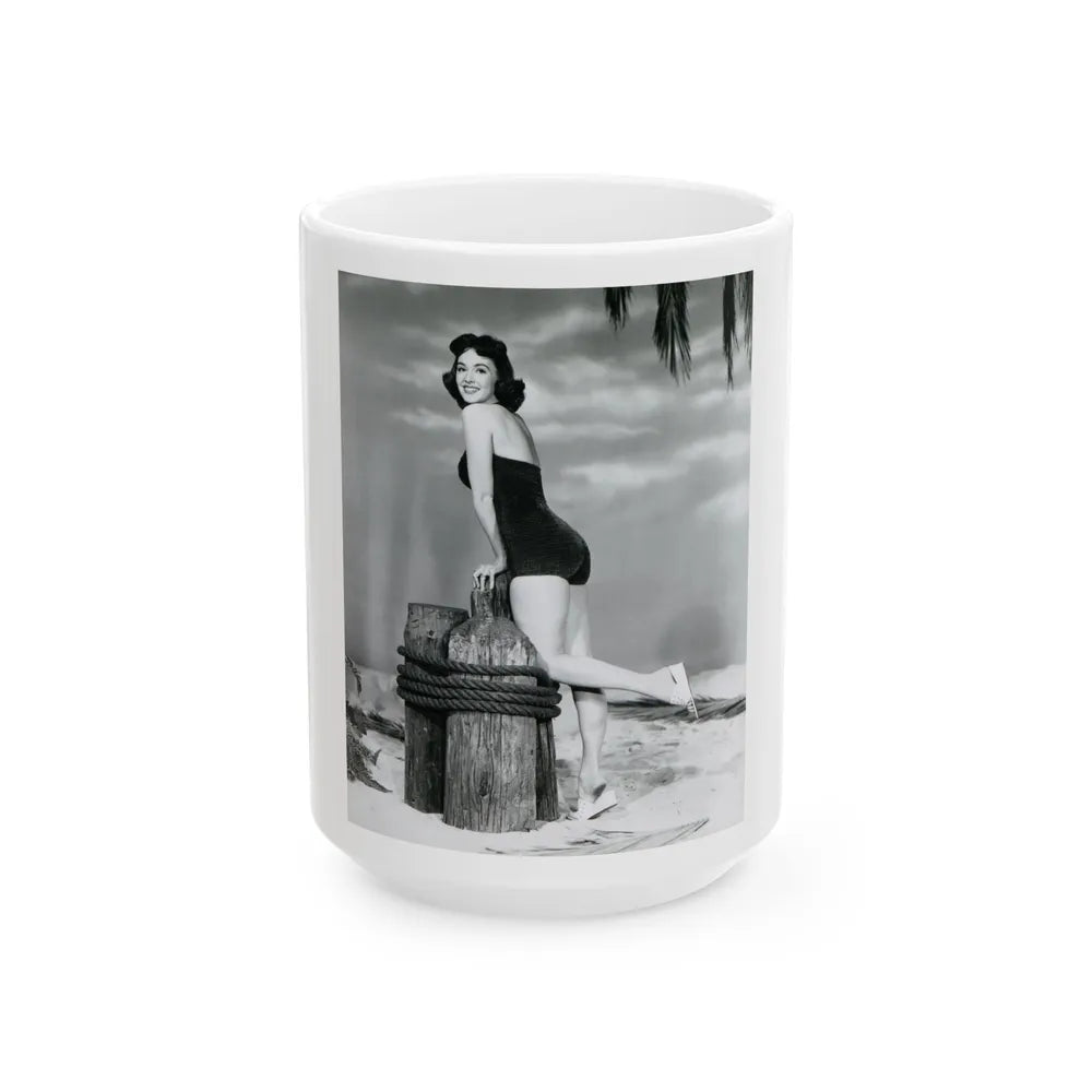 Barbara Rush #38 - 8x10 B&W Full Body 1-Piece Swimsuit Cheesecake Photo (Vintage Female Icon) White Coffee Mug-15oz-Go Mug Yourself