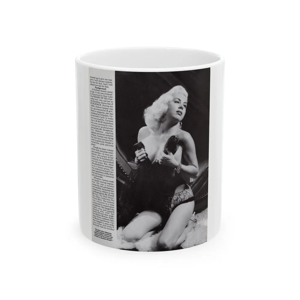 Jeanne Carmen #118 - Pages 4 of 14 with, 1 Large B&W Photo & Article from Femme Fatales Mag. Oct. '95 (Vintage Female Icon) White Coffee Mug-11oz-Go Mug Yourself