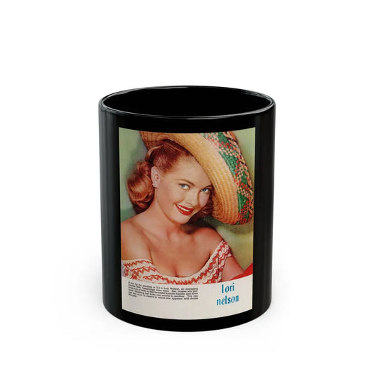 Lori Nelson #224 - Vintage Color 8x10.5 Photo Glamour Head & Shoulder Shot in Mexican Hat Circa 1950's Mag. Page (Vintage Female Icon) Black Coffee Mug-11oz-Go Mug Yourself