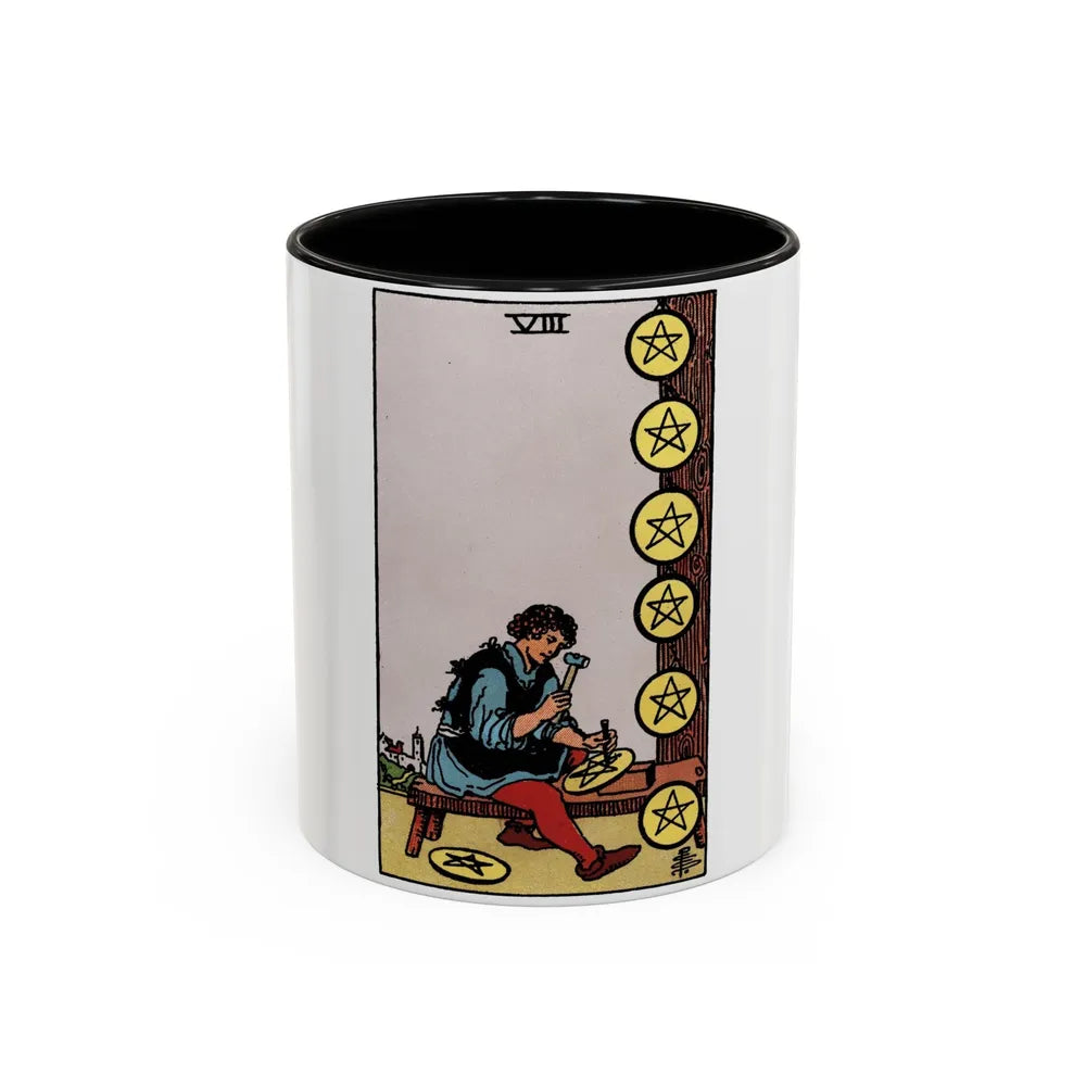 The 8 of Pentacles (Tarot Card) Accent Coffee Mug-11oz-Black-Go Mug Yourself