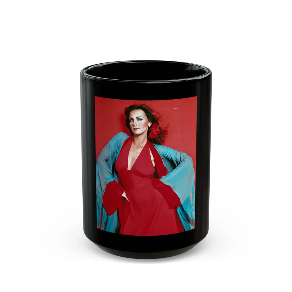 Lynda Carter #240 (Vintage Female Icon) Black Coffee Mug-15oz-Go Mug Yourself