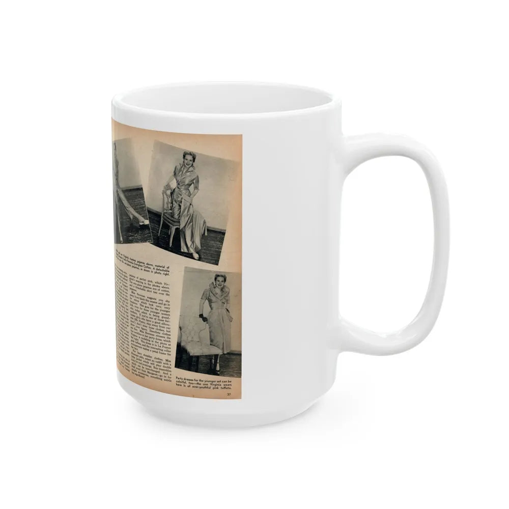 Virginia Mayo #289 - 2 Pages of Virginia+1 B&W Pin-Up Pic+4 B&W Fashion Pics circa late 40's from a Movie Star Magazine (Vintage Female Icon) White Coffee Mug-Go Mug Yourself