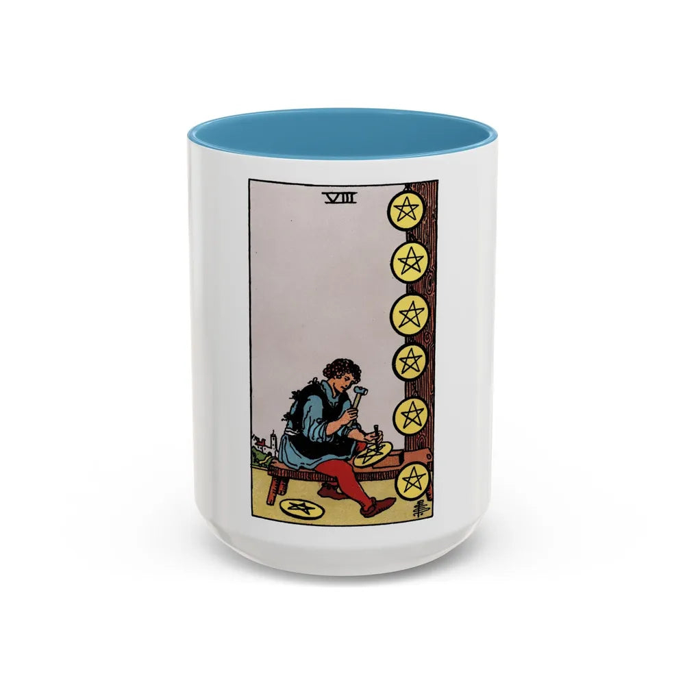 The 8 of Pentacles (Tarot Card) Accent Coffee Mug-15oz-Light Blue-Go Mug Yourself