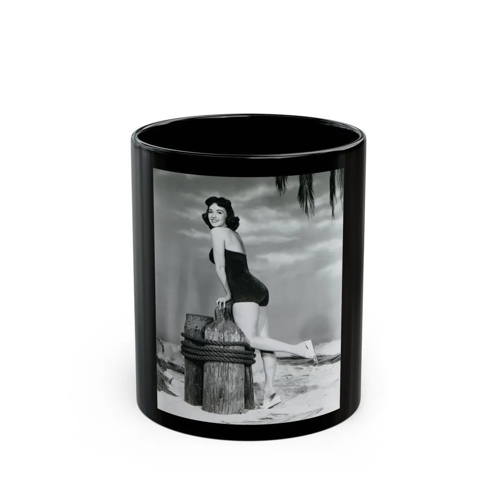 Barbara Rush #38 - 8x10 B&W Full Body 1-Piece Swimsuit Cheesecake Photo (Vintage Female Icon) Black Coffee Mug-11oz-Go Mug Yourself