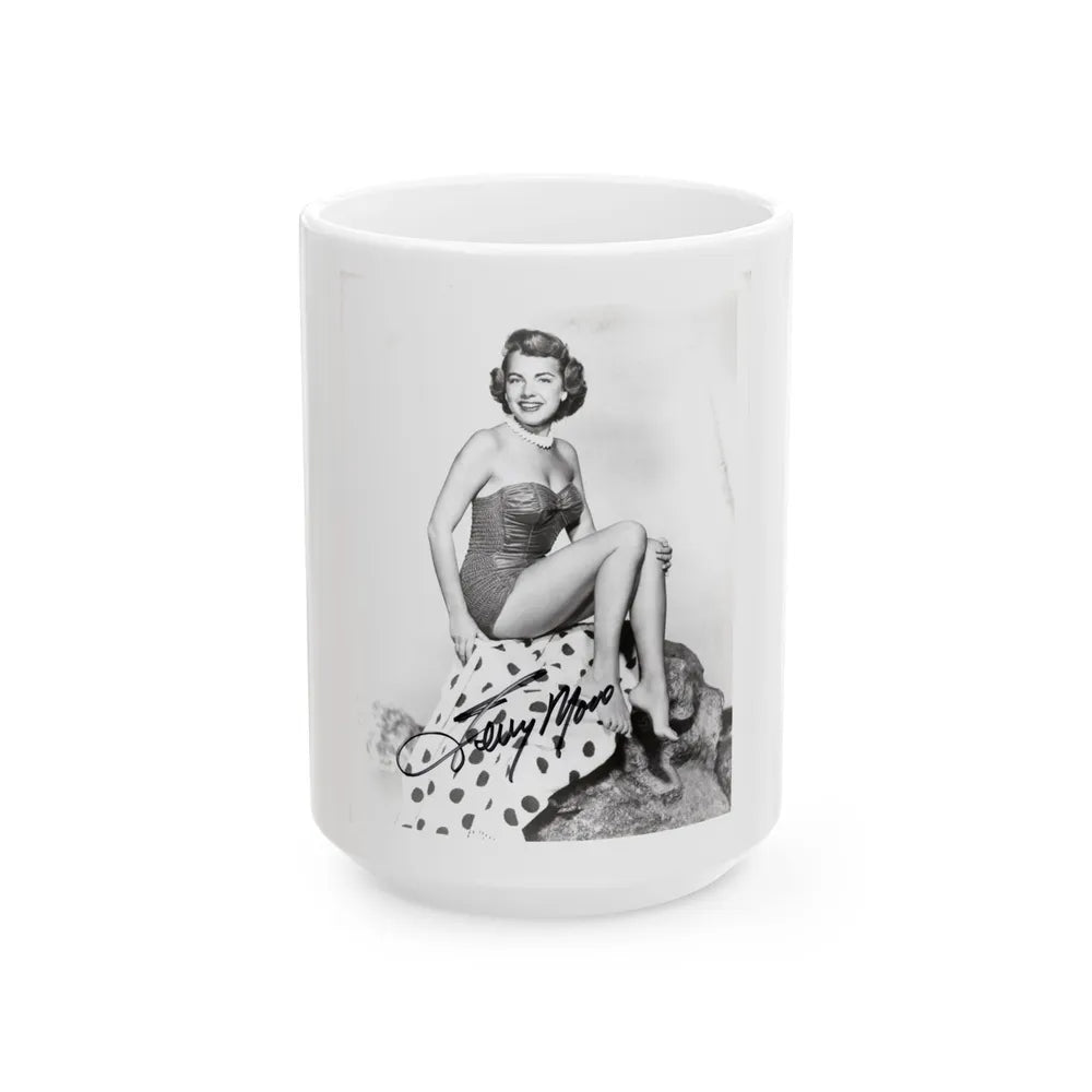 Terry Moore #744 - 8x10 B&W Full Body 1-Piece Swimsuit Cheesecake Photo signed from 1954 (Vintage Female Icon) White Coffee Mug-15oz-Go Mug Yourself