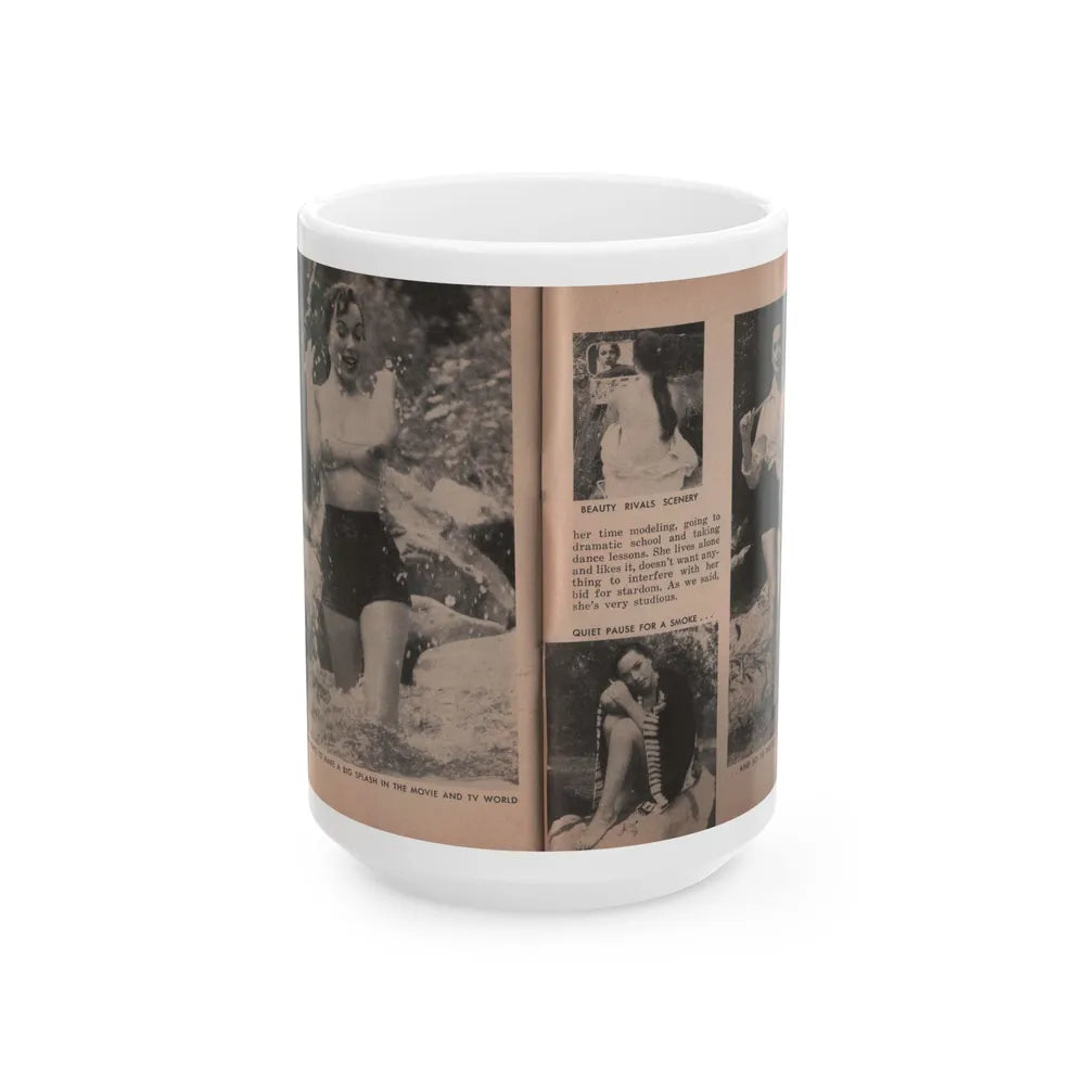 Dawn Richard #36 - [Pages 54 & 55] Including Pages 5 & 6 of 6 with, 2 B&W Photos+Captions from People Today Pocket Mag. Nov. '57 (Vintage Female Icon) White Coffee Mug-15oz-Go Mug Yourself