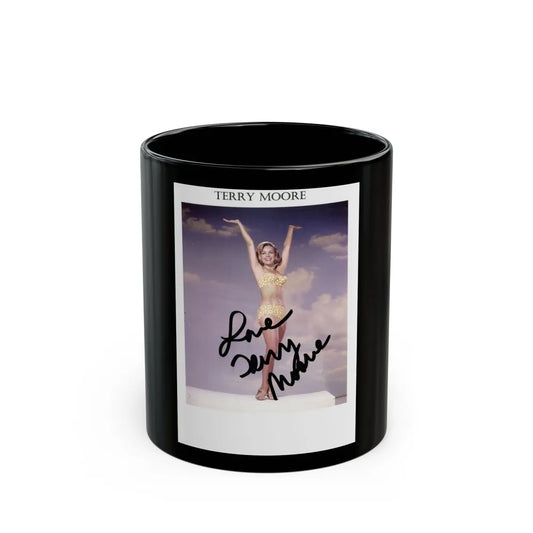 Terry Moore #742 - 1966 Color 2-Piece Swimsuit Cheesecake Photo in Open Gold Sandal Heels signed1 (Vintage Female Icon) Black Coffee Mug-11oz-Go Mug Yourself