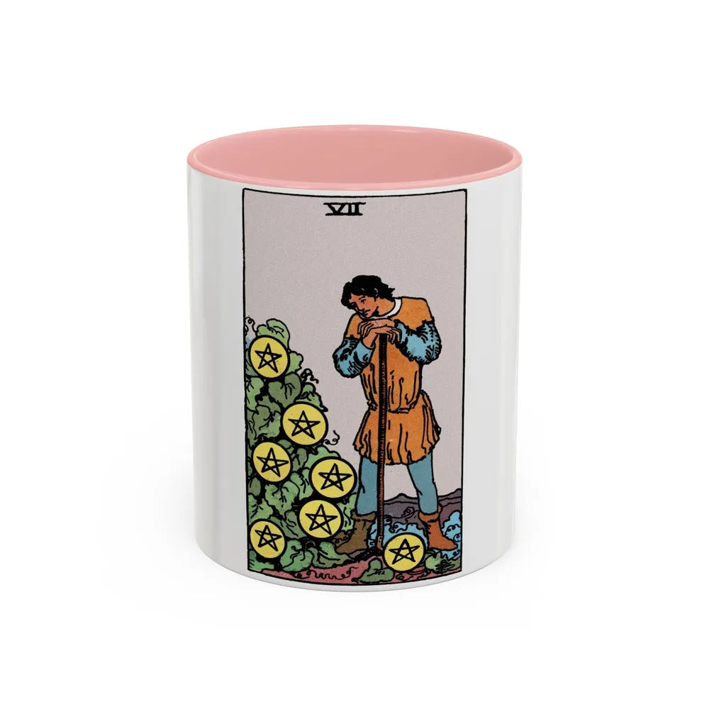 The 7 of Pentacles (Tarot Card) Accent Coffee Mug-11oz-Pink-Go Mug Yourself