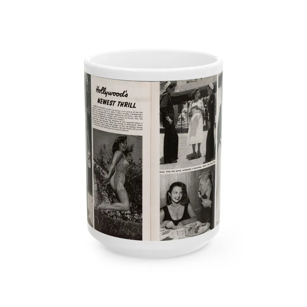 Greta Thyssen #16 - American Beauties Mag. '53 - 2 Pages with, 5 B&W Photos (Vintage Female Icon) White Coffee Mug-15oz-Go Mug Yourself