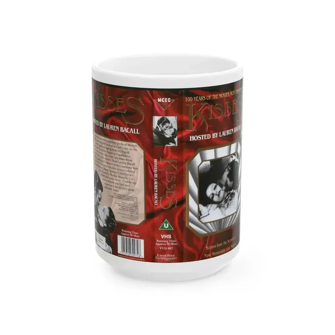 100 YEARS OF THE MOVIES MOST PASSIONATE KISSES HOSTED BY LAUREN BACALL (VHS COVER) - White Coffee Mug 15oz - Go Mug Yourself